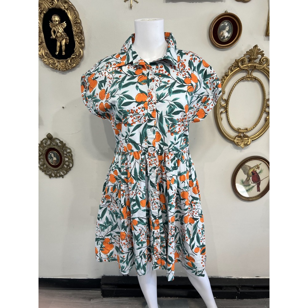 Rachel Parcell Citrus Orange Fruit Print Short Sleeve Midi Shirt Dress Size 6